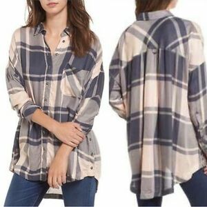 Free People Oversized Blue and Cream Plaid Button-Down Shirt